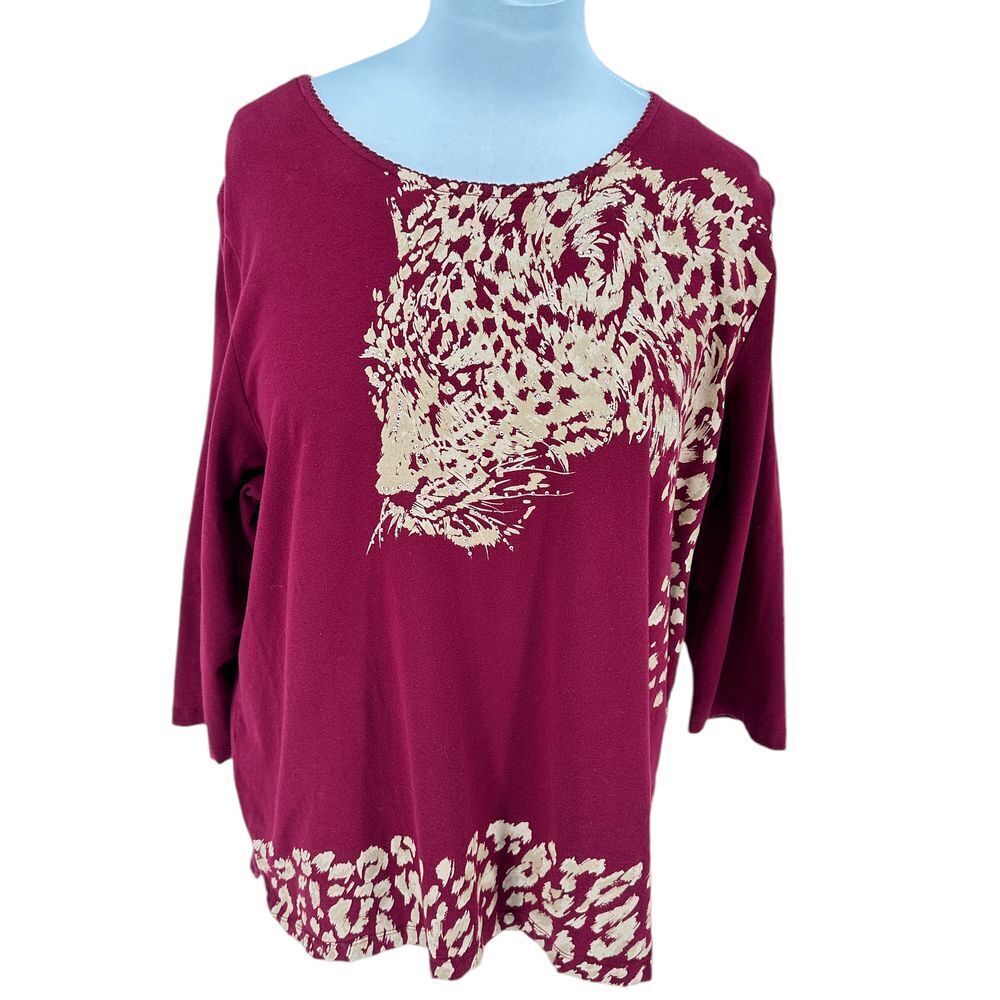Alfred Dunner Burgundy Gold Leopard Print Top Stud Embellished 3/4 Sleeve Tee XL